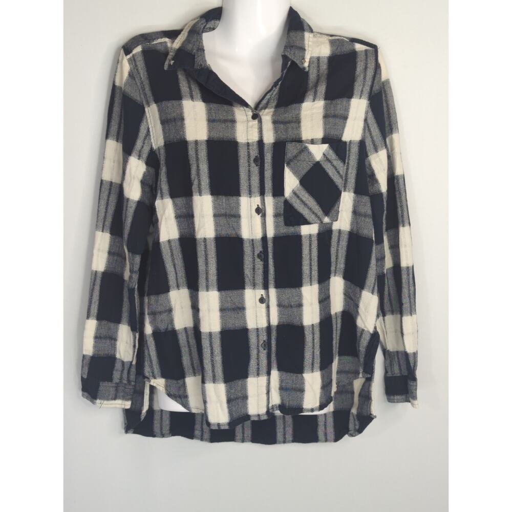 Zara Basic Z1975 Denim Navy Blue White Plaid Button Down Top Womens Small Preppy
